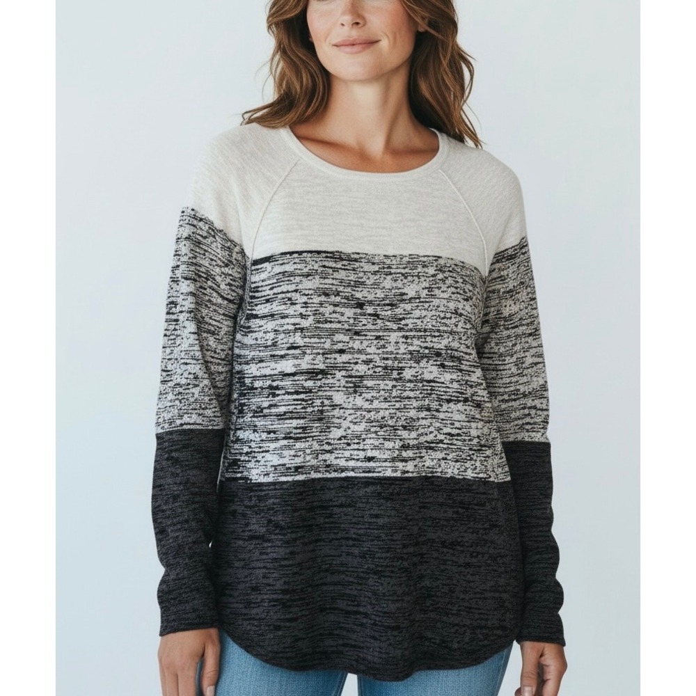 Karen Scott Womens Grey Colorblock Cotton Knit Long Sleeve Top Size L